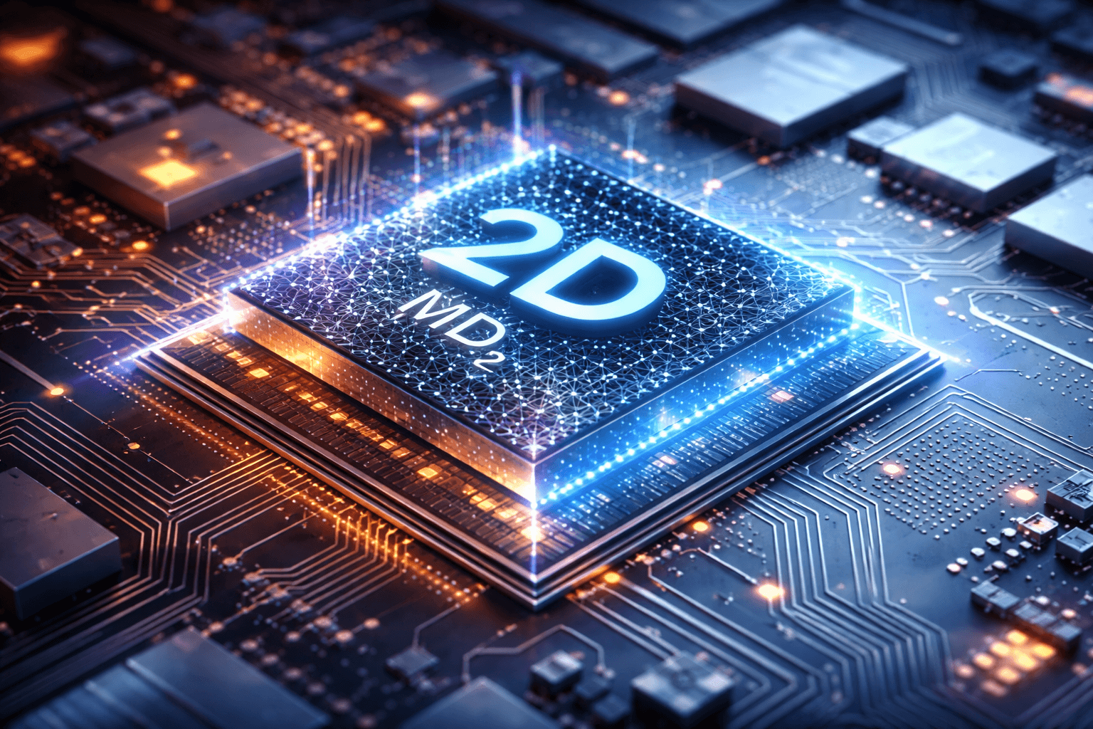 2D semiconductor chip on circuit board representing post-silicon computing technology