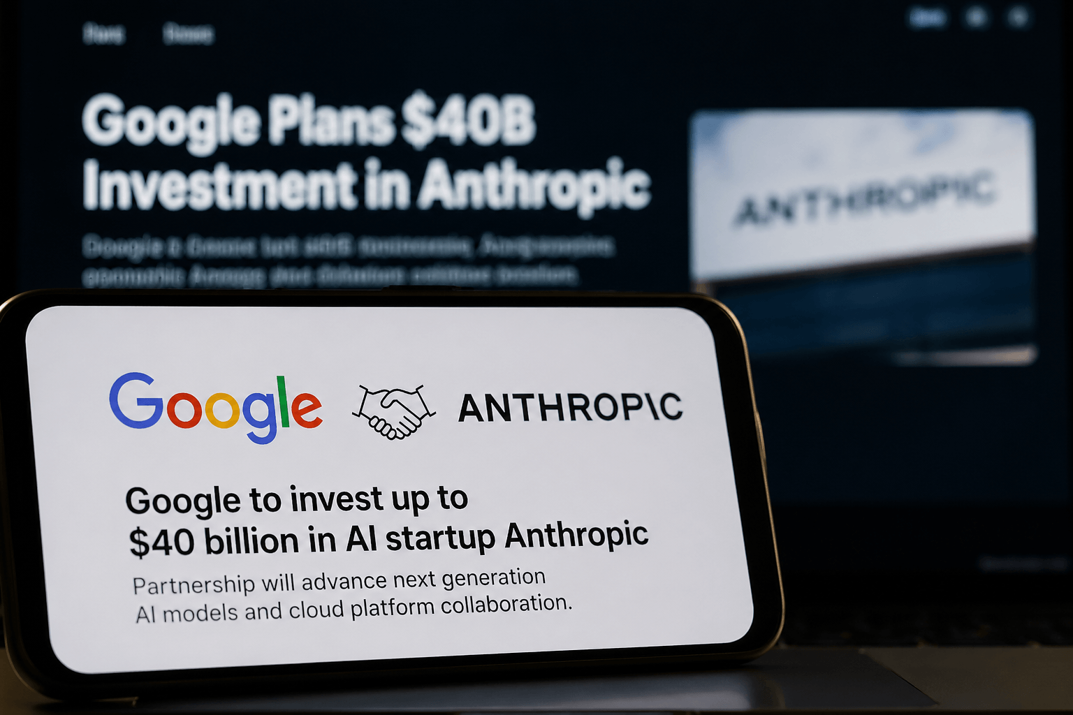 Google Anthropic investment news showing $40 billion AI deal on smartphone screen