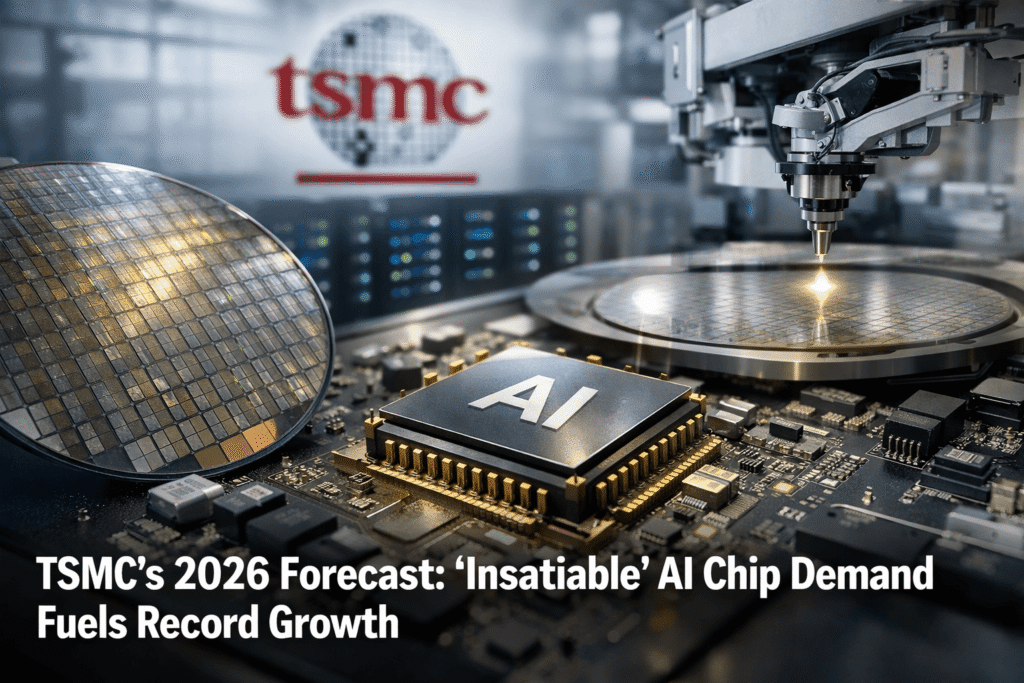 TSMC AI chip on semiconductor wafer illustrating rising AI chip demand and 2026 growth forecast