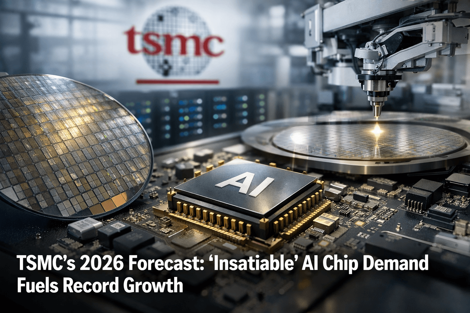 TSMC AI chip on semiconductor wafer illustrating rising AI chip demand and 2026 growth forecast