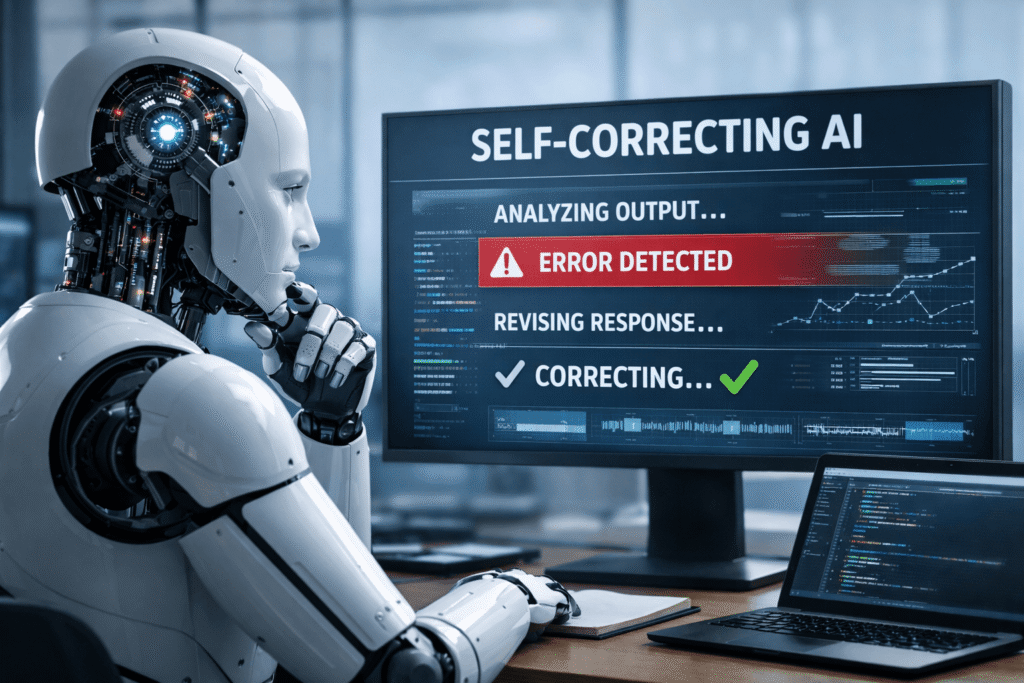 Self-correcting AI system detecting errors and automatically revising output on a computer screen in a modern workspace